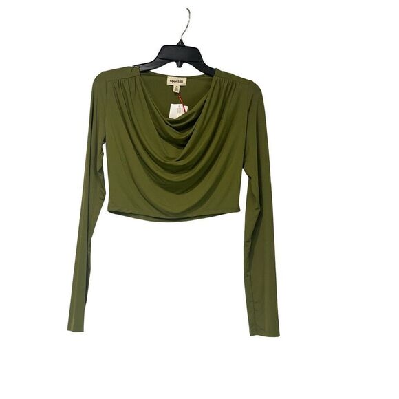 Open Edit Cowl Neck Long Sleeve Crop Top, Olive Sphagnum, XS - Picture 7 of 10